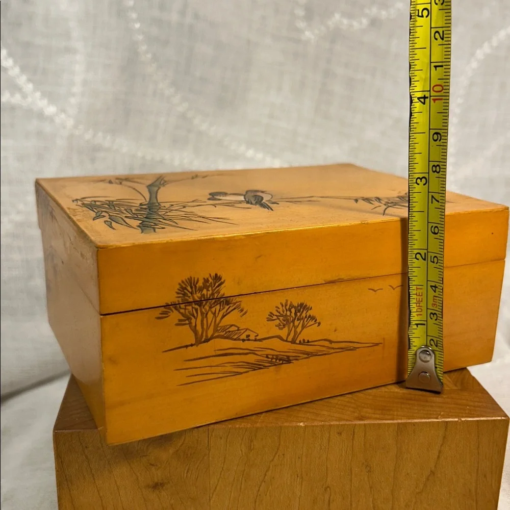 Vintage Jewelry wooden box with bamboo and birds hand painted